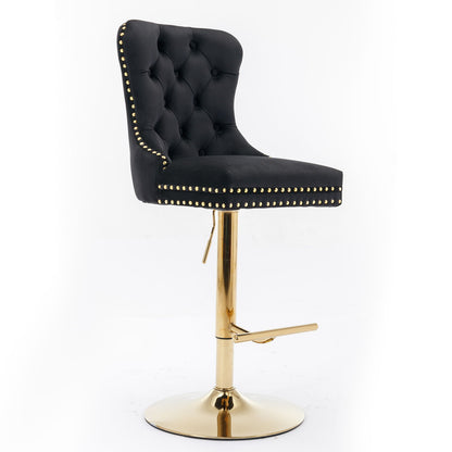 Taburetes de bar giratorios de terciopelo dorado grueso con altura de asiento ajustable de 63 a 84 cm. Taburetes de bar modernos tapizados con respaldo, cómodos y capitoné para el hogar, el pub y la isla de cocina (juego de 2).