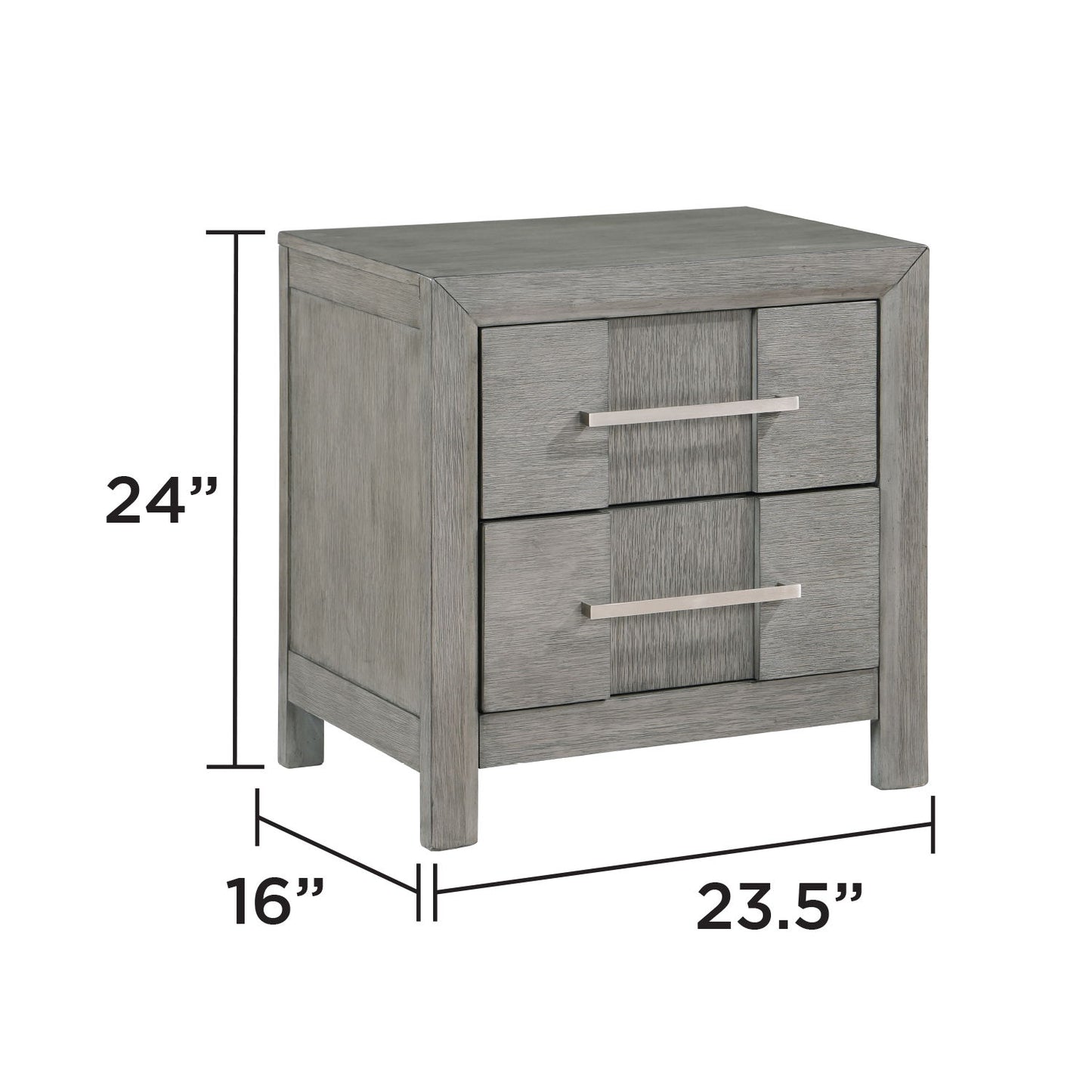 Modern 2 Drawer Nightstand In Gray Finish With Silver Metal Handles, Contemporary Bedside Table With Smooth Glide Drawers