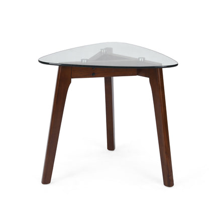 Mid Century Modern End Table With Glass Top And Solid Wood - Walnut