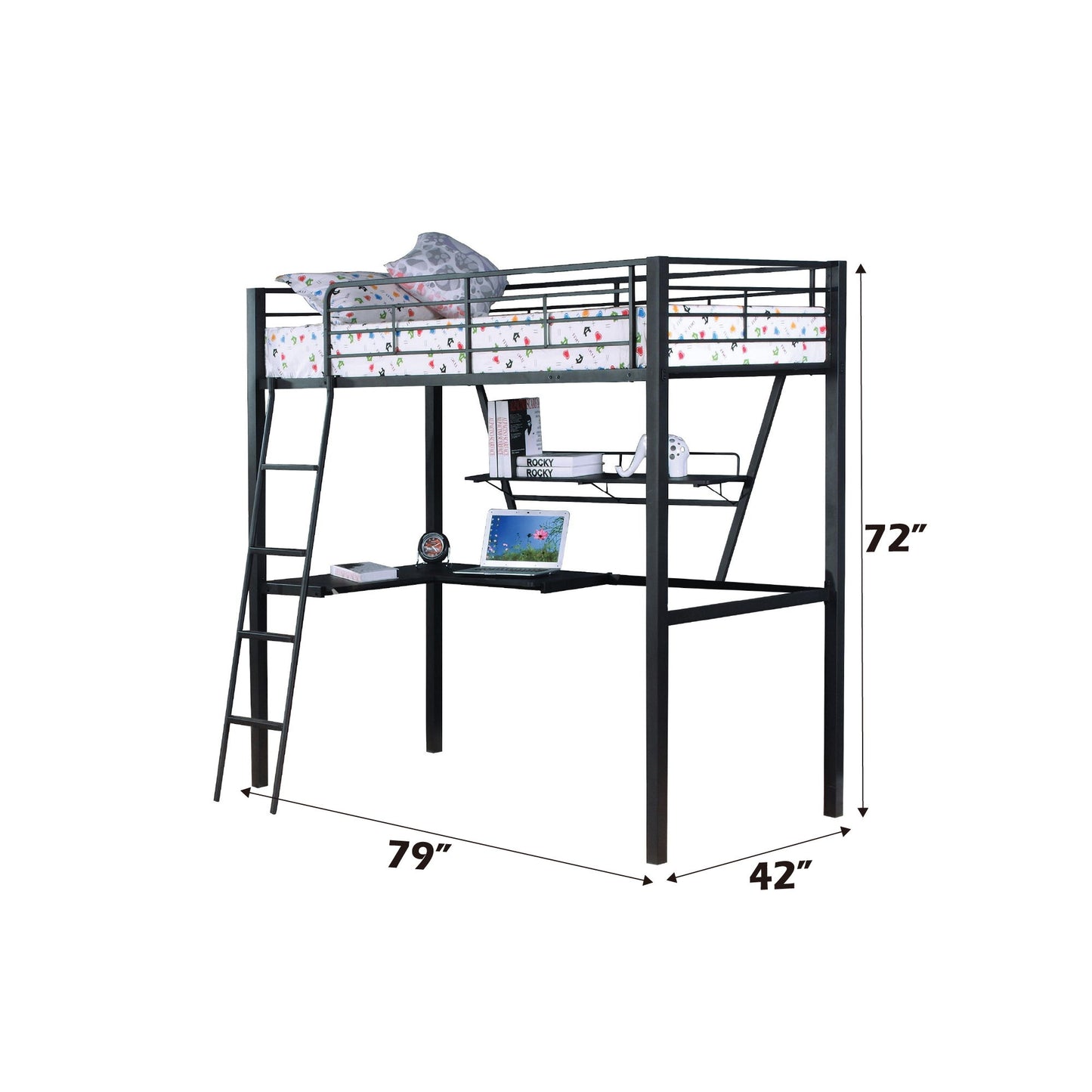 Senon - Cama alta doble con escritorio - Negro/Plateado