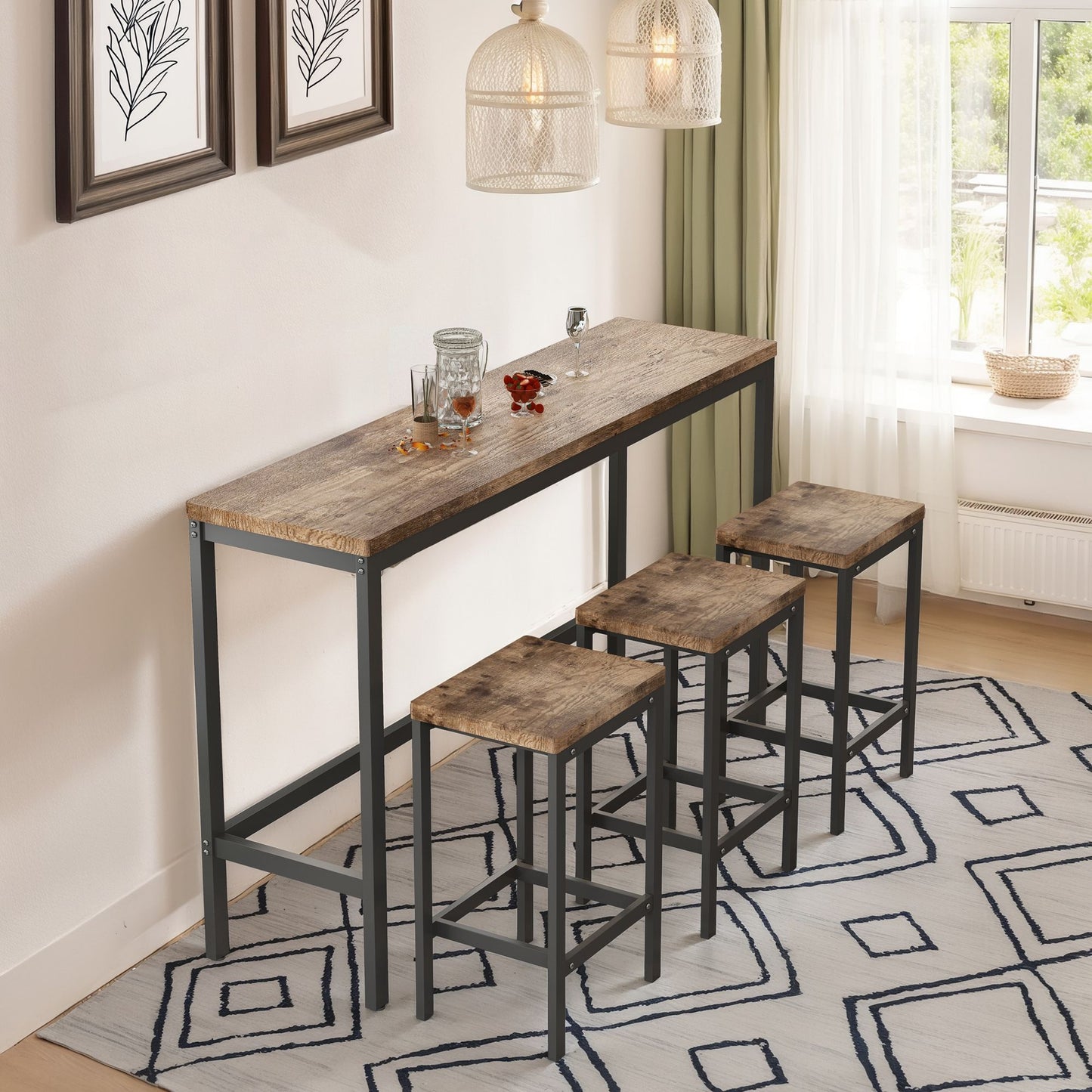 Modern Design Long Dining Table Set With 3 Stools