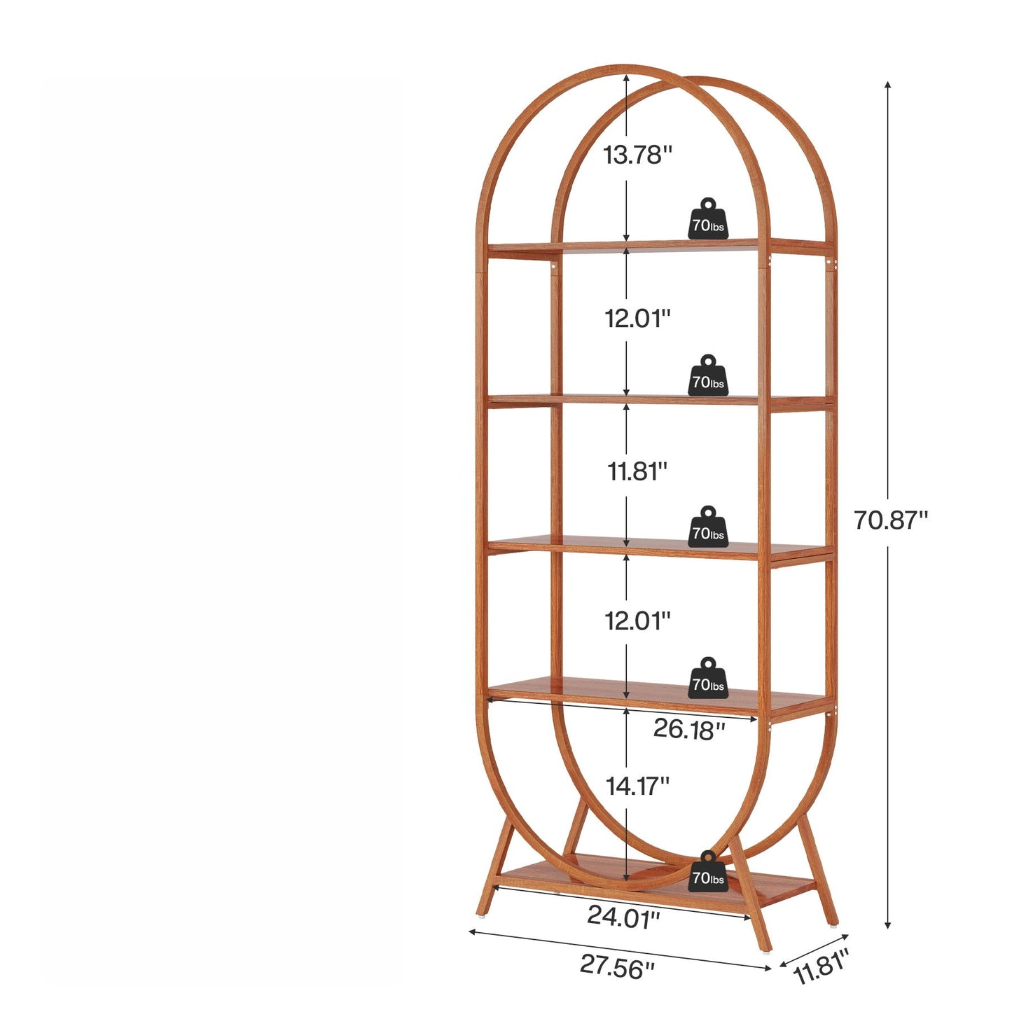Arched 5 Tier Open Bookshelf For Office - Brown