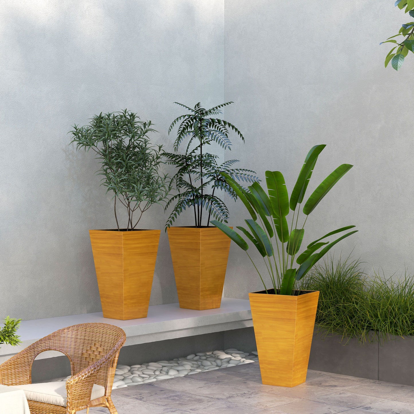Outsunny - Macetas de exterior (juego de 3) Macetas cónicas grandes con orificios de drenaje y tapón, macetas de plástico imitación madera para exterior, interior, jardín y patio.