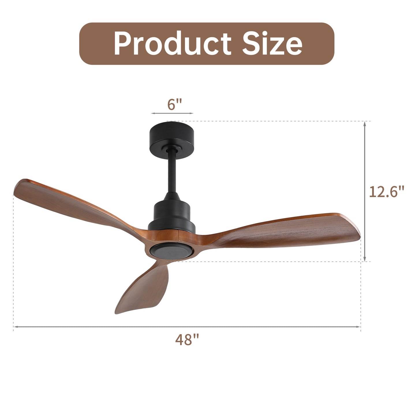 Ventilador de techo de 122 cm sin luz, 3 aspas de madera maciza, para exterior, con motor de CC reversible de 6 velocidades, para sala de estar, color negro
