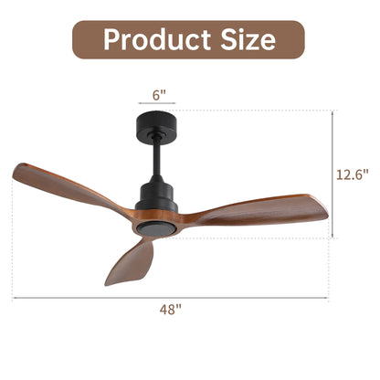 Ventilador de techo de 122 cm sin luz, 3 aspas de madera maciza, para exterior, con motor de CC reversible de 6 velocidades, para sala de estar, color negro