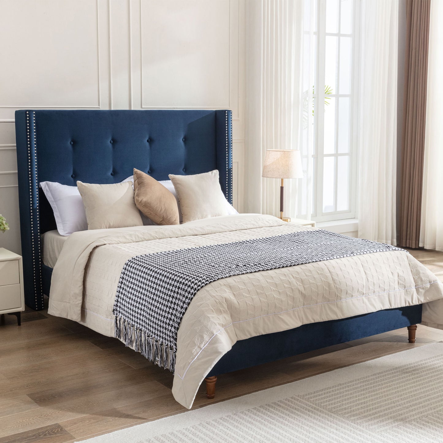 Peyton - Cama tapizada con cabecera de 137 cm de alto y capitoné tradicional abotonado a mano