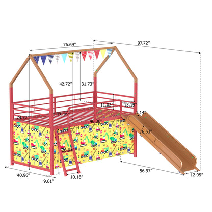 Jack - House Loft Bed With Slide And Curtain Set
