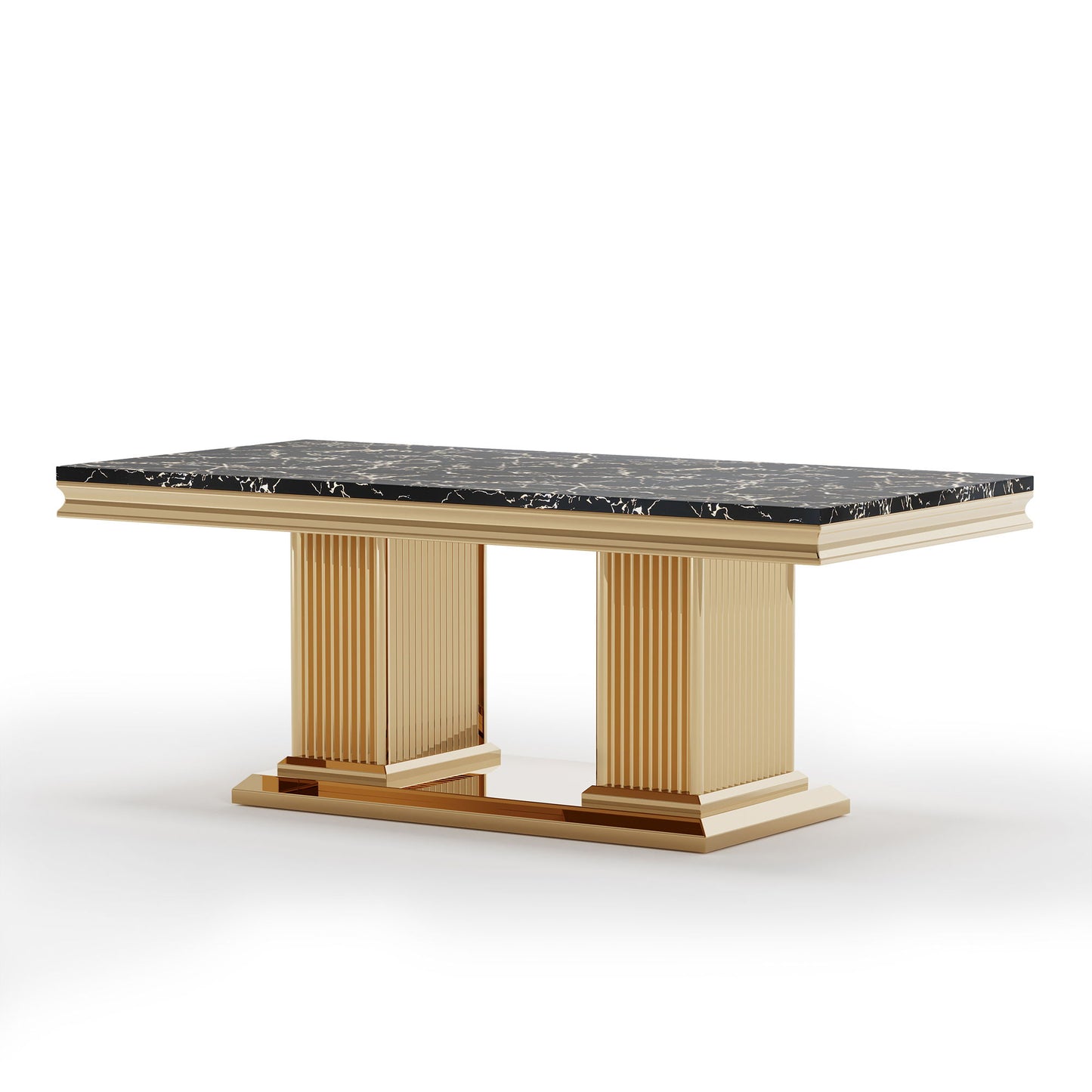 Marble Printed Top Rectangular Table, Stainless Steel Base With Mirrored Finish