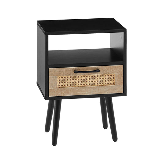 Mesa auxiliar de ratán de 40 cm con cajón y patas de madera maciza, mesita de noche moderna, mesa auxiliar para sala de estar y dormitorio.