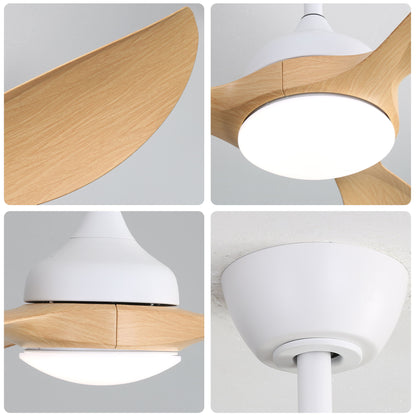 Ventiladores de techo modernos con luz LED regulable y motor CC reversible y silencioso para interiores y exteriores, color blanco.