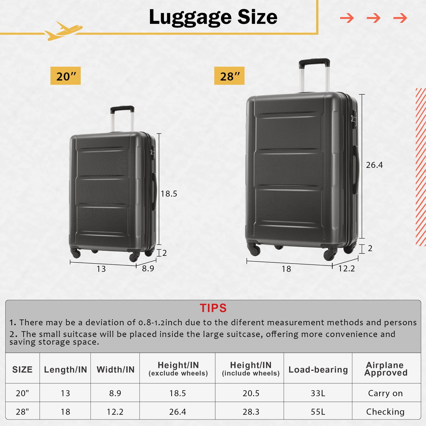 Juego de 2 maletas con ruedas giratorias extensibles, maleta ligera de ABS con cerradura TSA de 20"/28"