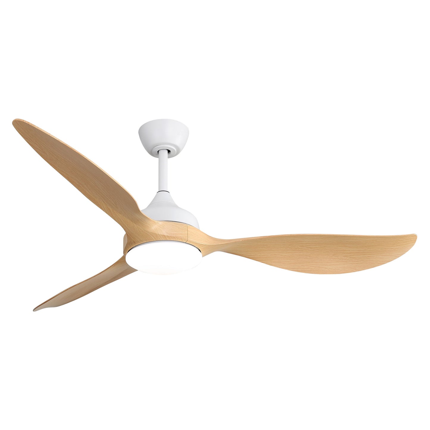 Ventiladores de techo modernos con luz LED regulable y motor CC reversible y silencioso para interiores y exteriores, color blanco.