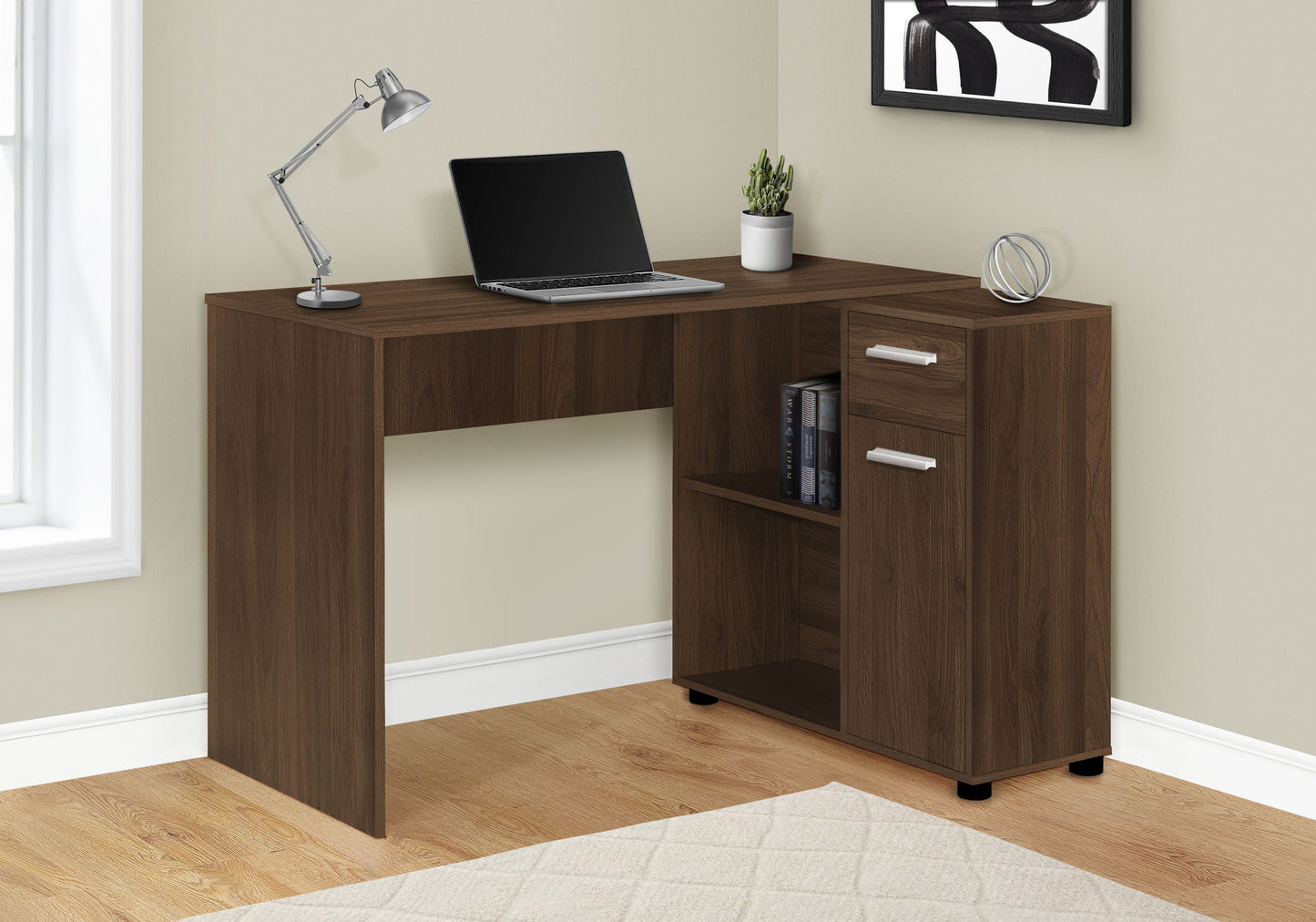 Escritorio de computadora, oficina en casa, esquina, cajones de almacenamiento, forma de L, contemporáneo y moderno