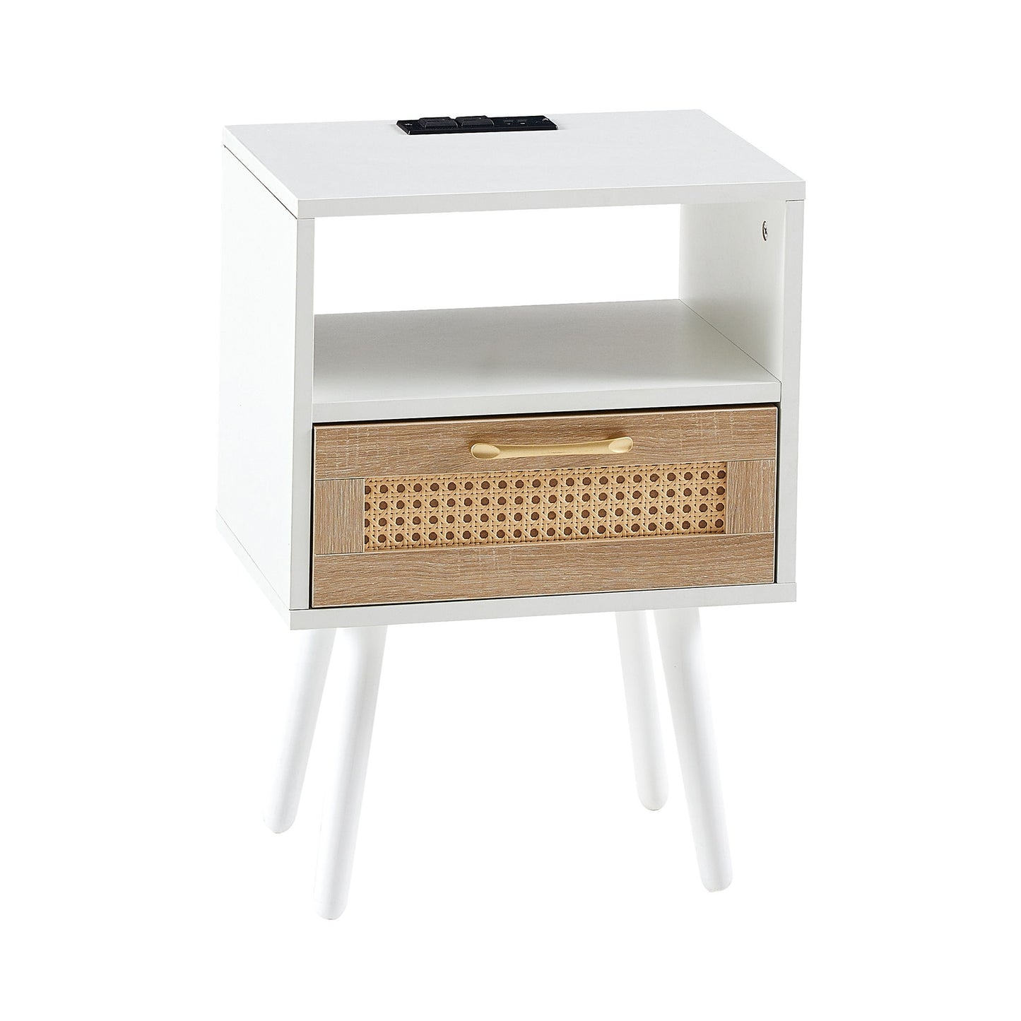 Mesa auxiliar de ratán de 40 cm con toma de corriente y puertos USB, mesita de noche moderna con cajón y patas de madera maciza, mesa auxiliar para sala de estar y dormitorio.