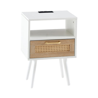 Mesa auxiliar de ratán de 40 cm con toma de corriente y puertos USB, mesita de noche moderna con cajón y patas de madera maciza, mesa auxiliar para sala de estar y dormitorio.