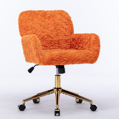 Silla de oficina con pelo artificial de conejo y base de metal dorado, ajustable, giratoria y de tocador.