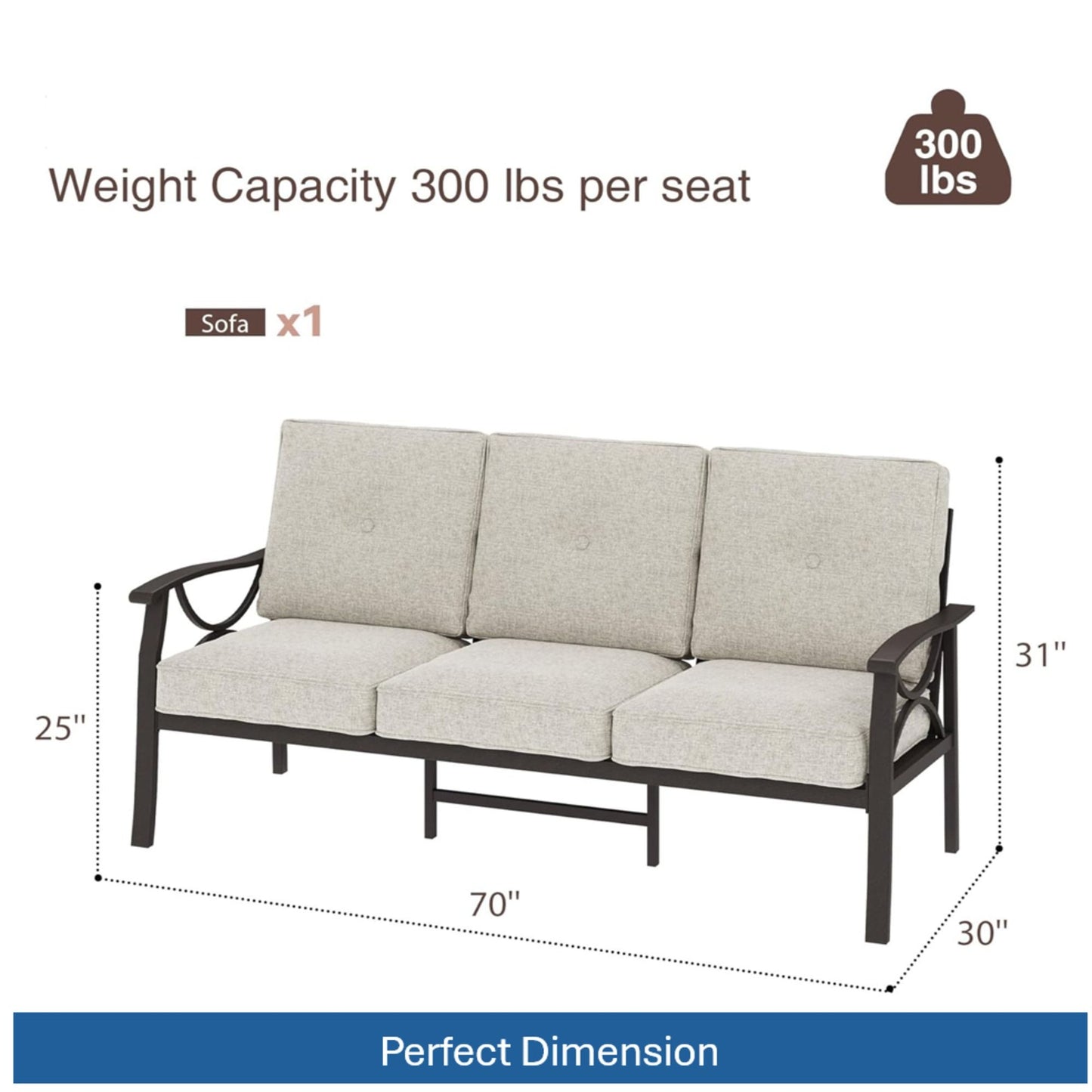 All-Weather 3 Seat Patio Sofa With Cushions