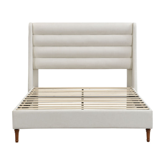 Modern Upholstered Platform Bed With Wave Shaped Headboard