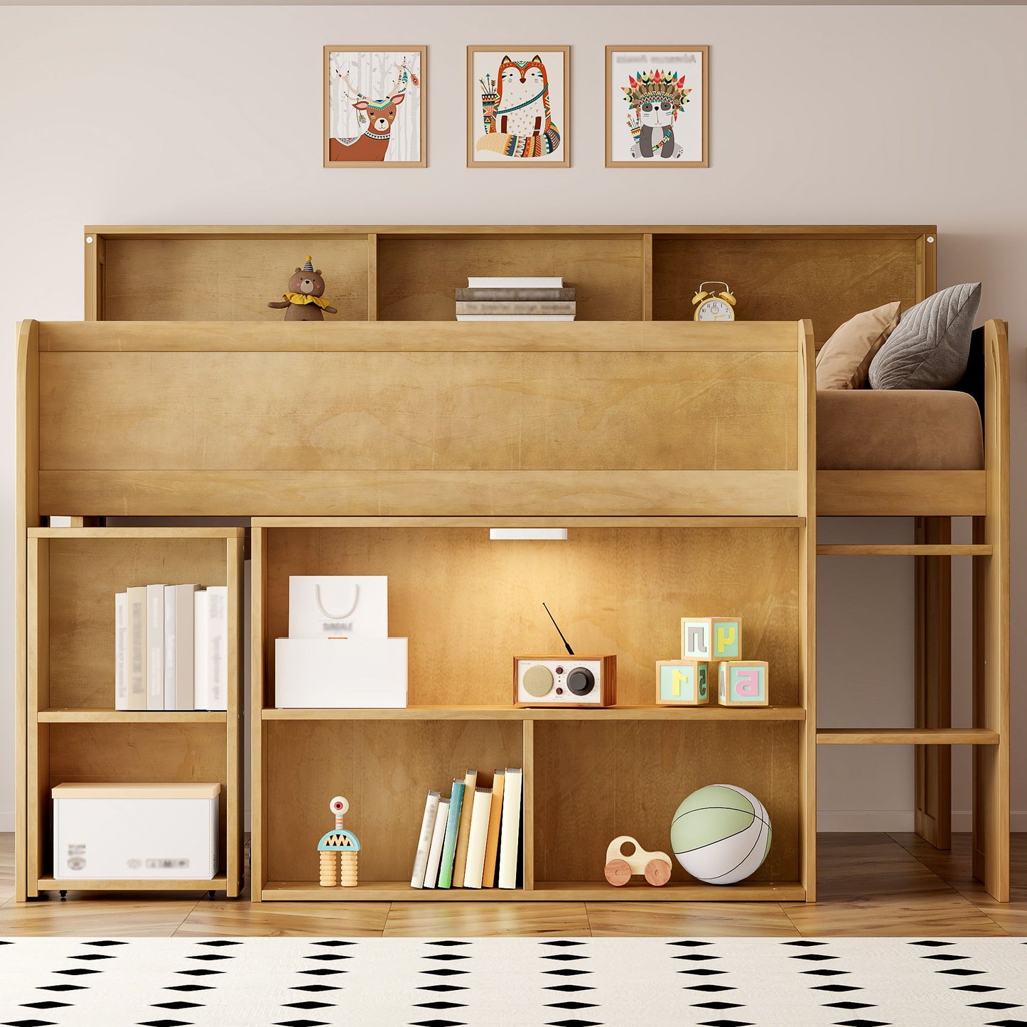 Loft Bed With Built-In Desk, LED Lighting, And Multiple Storage Shelves