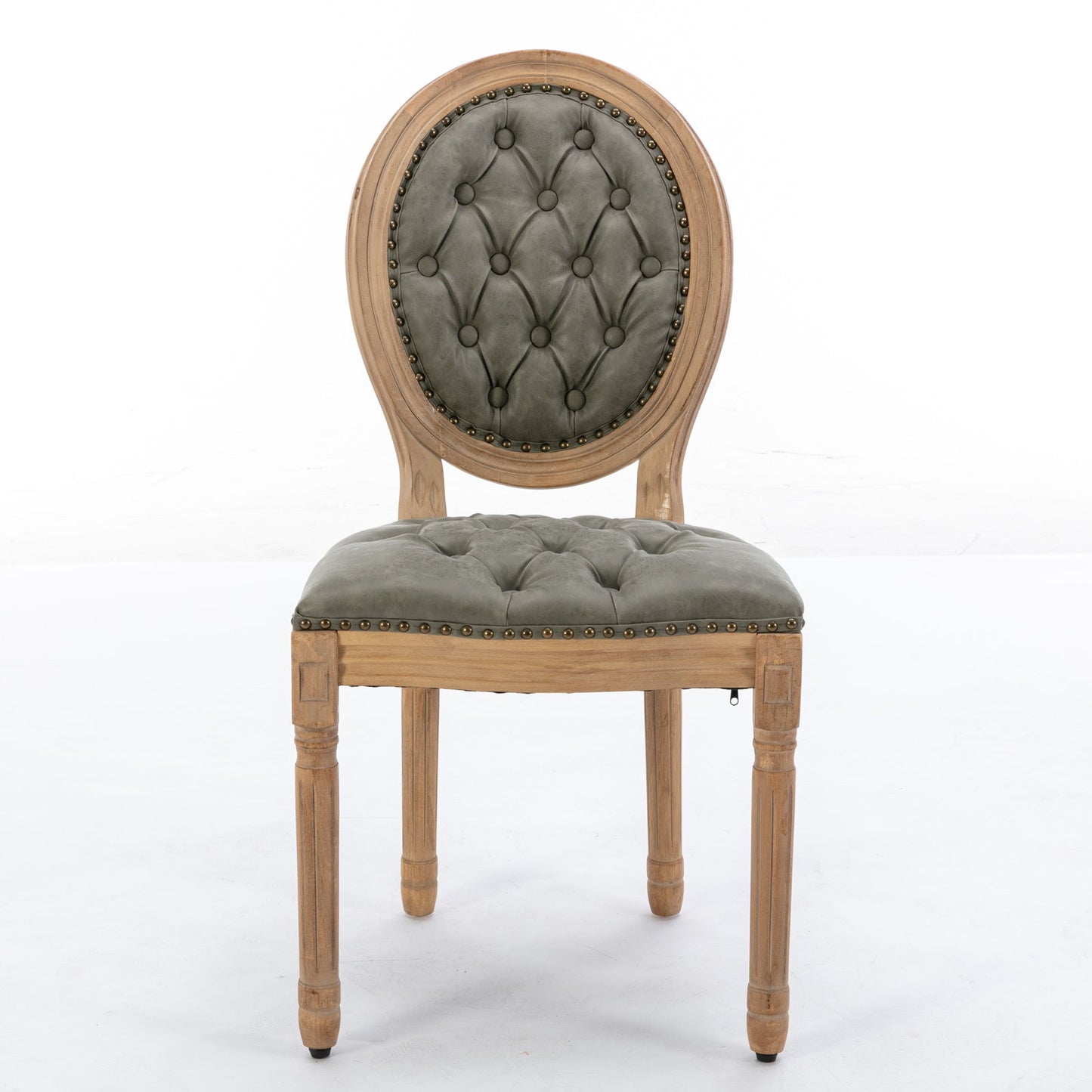 Silla de comedor de estilo francés con marco de madera maciza, pintura antigua, hebillas hechas a mano, cuero sintético de PU, ribete de tachuelas y patas de madera.