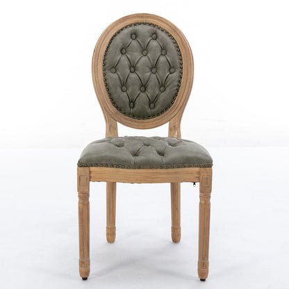 Silla de comedor de estilo francés con marco de madera maciza, pintura antigua, hebillas hechas a mano, cuero sintético de PU, ribete de tachuelas y patas de madera.