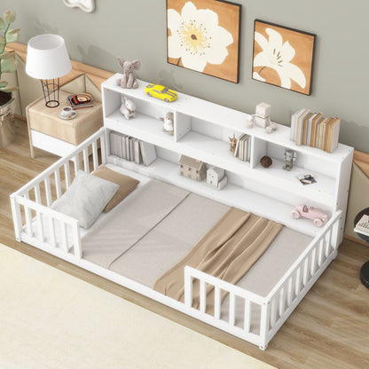 Cama de suelo con estantería, estantes y barandillas