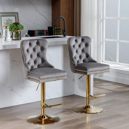 Taburetes de bar giratorios de terciopelo dorado grueso con altura de asiento ajustable de 63 a 84 cm. Taburetes de bar modernos tapizados con respaldo, cómodos y capitoné para el hogar, el pub y la isla de cocina (juego de 2).