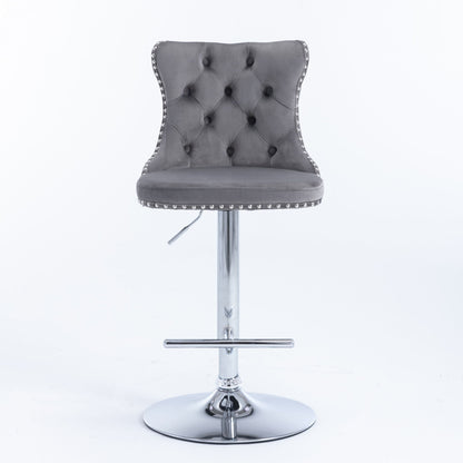 Taburetes giratorios de terciopelo con altura de asiento ajustable de 63 a 84 cm. Modernos taburetes de bar con base cromada y tapizados, cómodos y capitoné para el hogar, el pub y la isla de cocina (juego de 2).