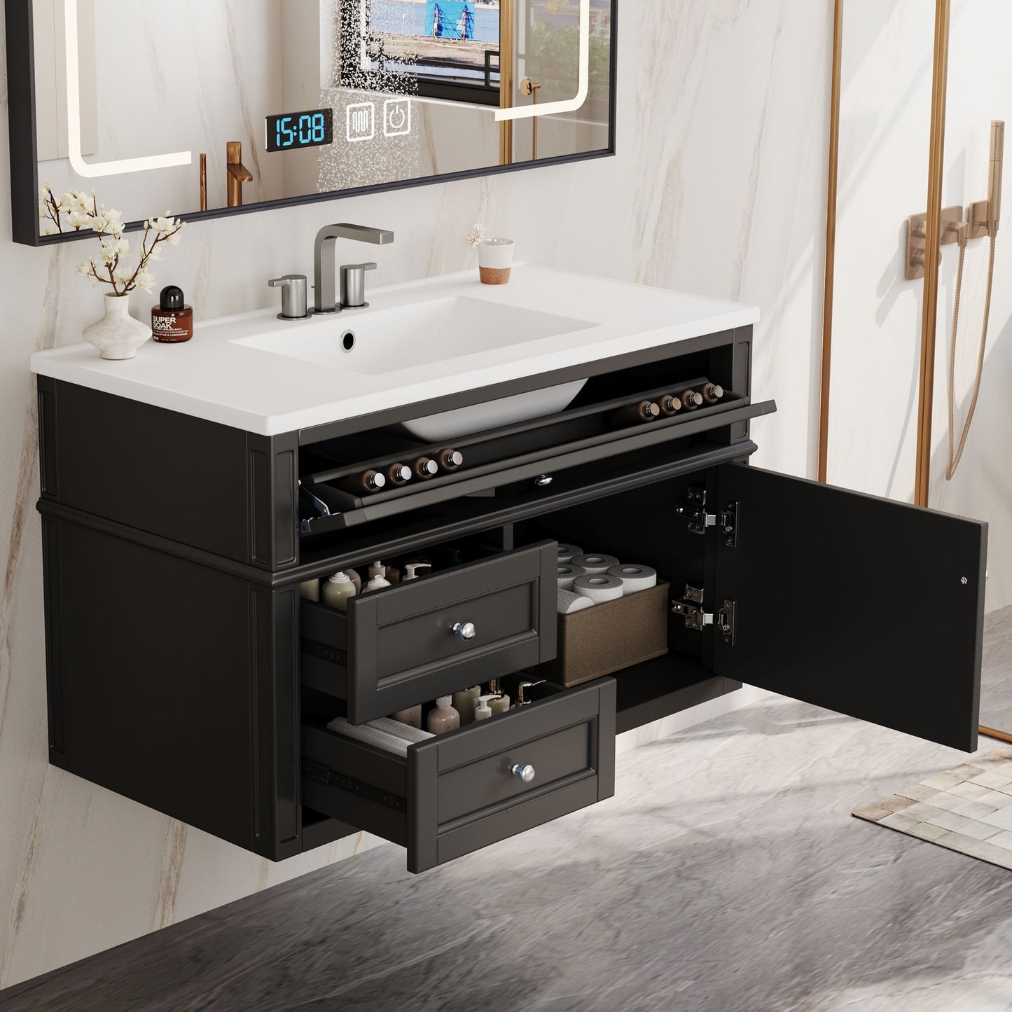Modern Wall Mounted Floating Cabinet With Double Drawer And Sink