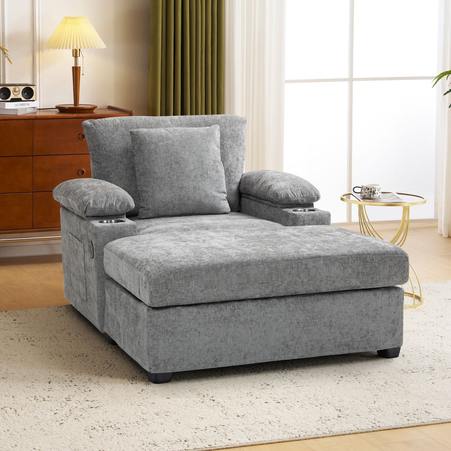 Modern Oversized Chair With Ottoman, Cupholders And USB Charging Ports