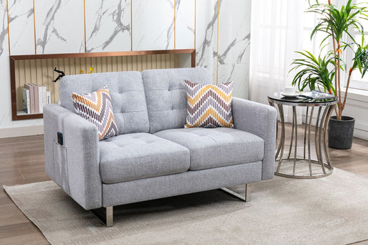Victoria - Loveseat de tela de lino con patas de metal, bolsillos laterales y almohadas