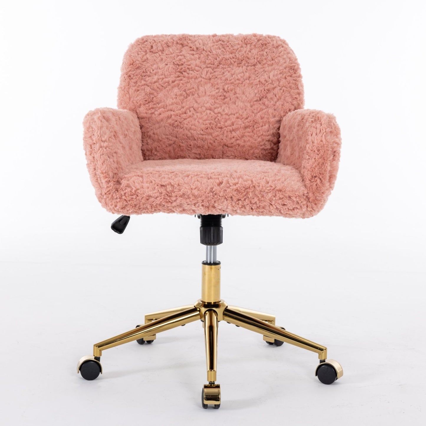 Silla de oficina con pelo artificial de conejo y base de metal dorado, ajustable, giratoria y de tocador.
