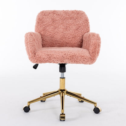 Silla de oficina con pelo artificial de conejo y base de metal dorado, ajustable, giratoria y de tocador.