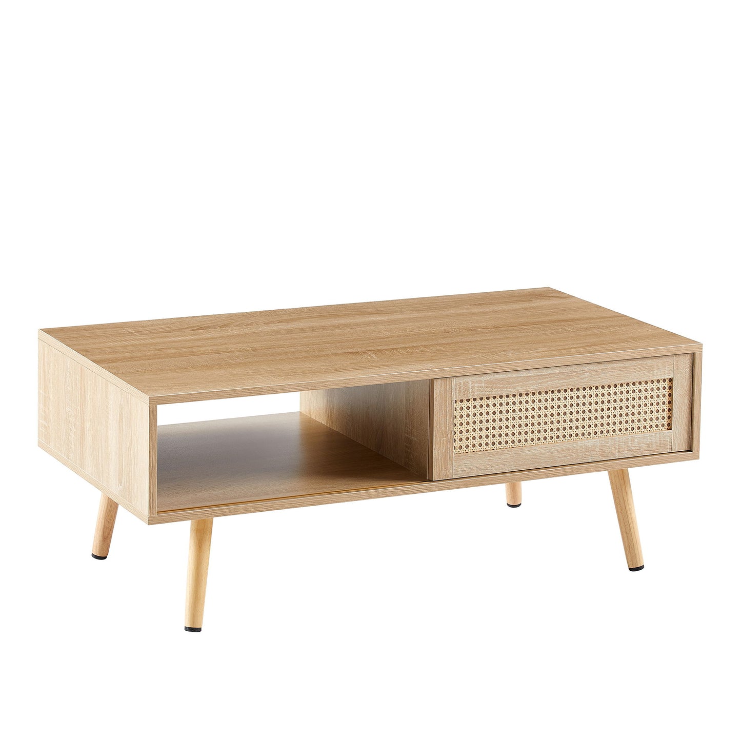 Mesa de centro de ratán de 105 cm, puerta corrediza para almacenaje, patas de madera maciza, mesa moderna para sala de estar.