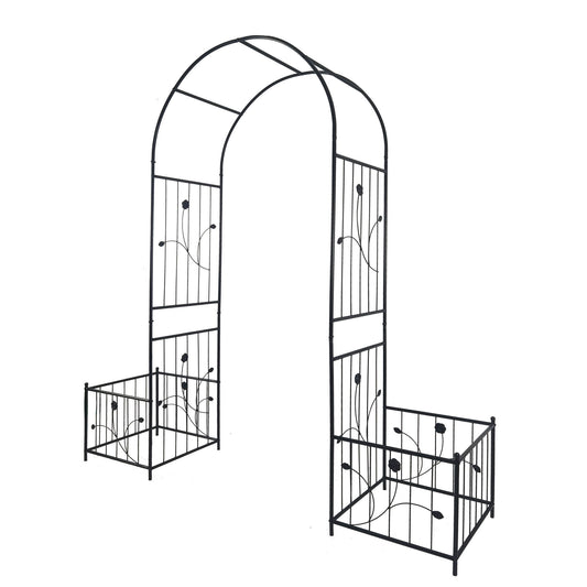 Metal Garden Arch With Two Plant Stands Wide High Climbing Plants Support Rose Arch Outdoor - Black