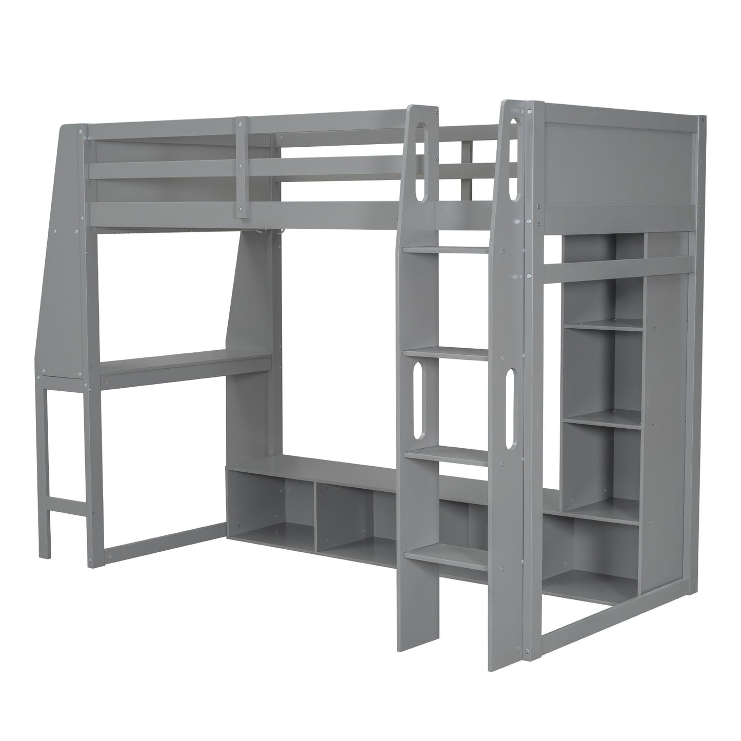 Gaming Loft Bed With Desk, Multi Storage Shelves, LED Lighting, And Hanging Clothes Rack