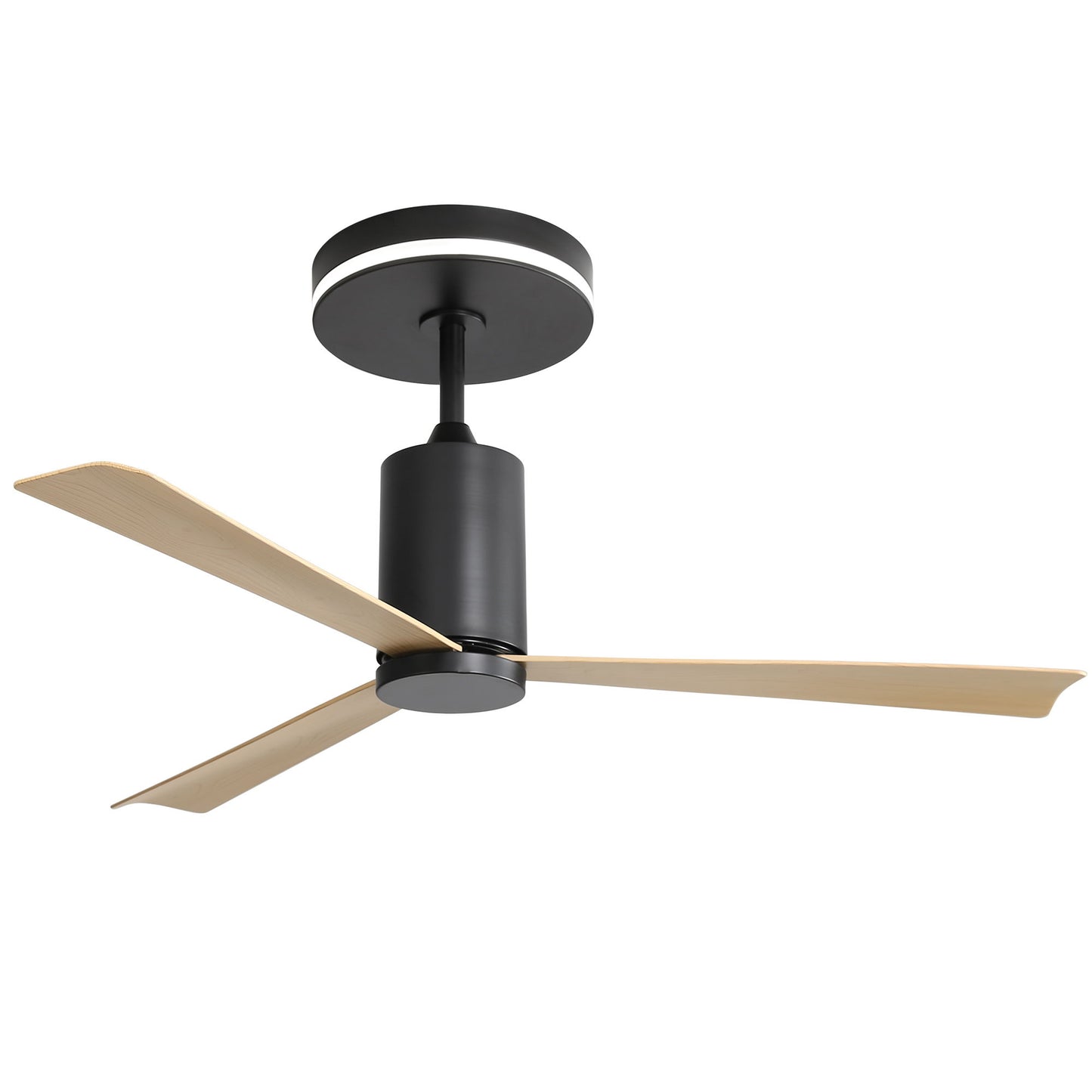 Ventilador de techo moderno empotrado con luz LED y control remoto, 3 aspas de ABS, motor de CC reversible y silencioso para patio y sala de estar, negro mate.