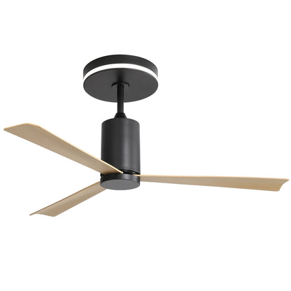 Ventilador de techo moderno empotrado con luz LED y control remoto, 3 aspas de ABS, motor de CC reversible y silencioso para patio y sala de estar, negro mate.