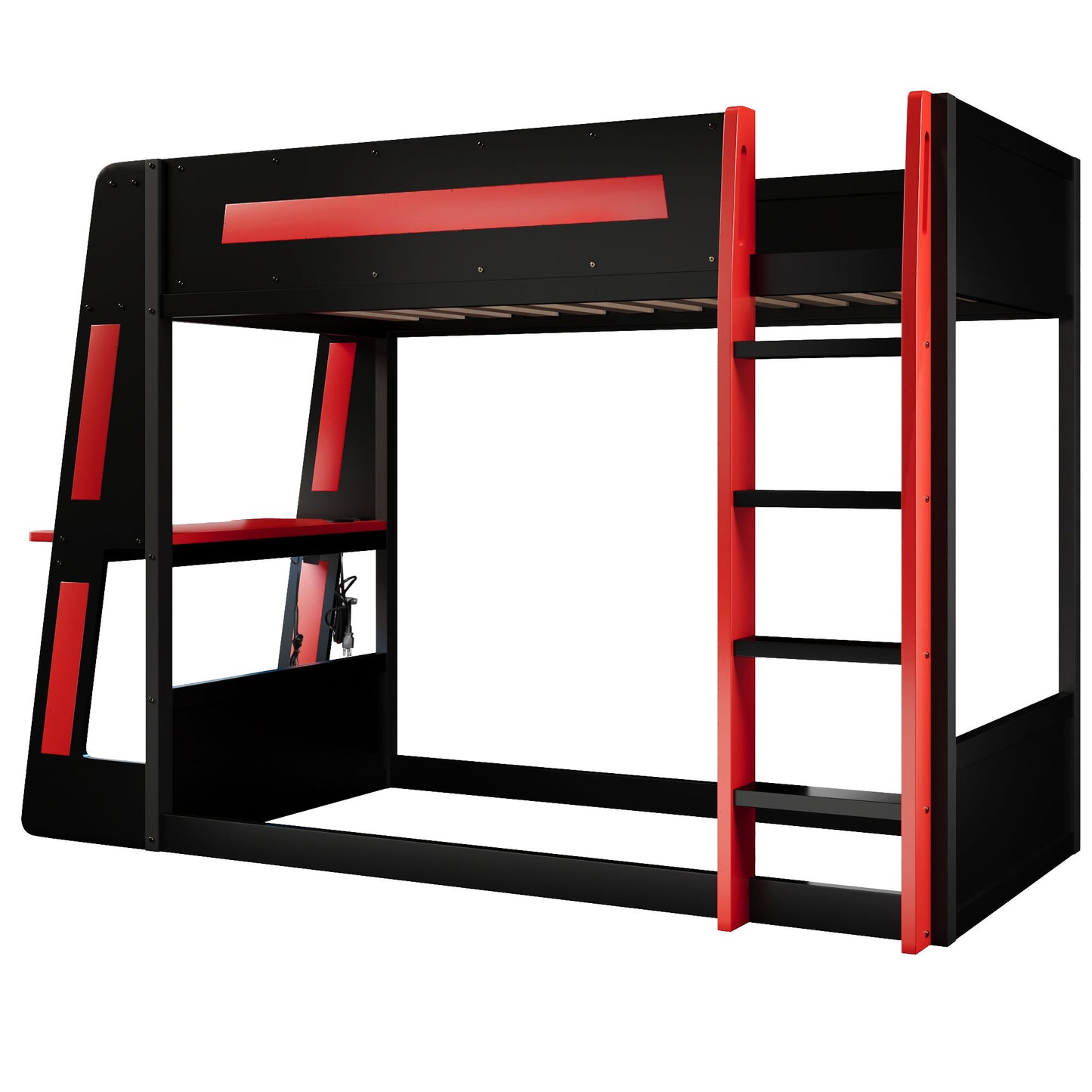 Gaming Bunk Bed With Desk, 2 Storage Shelves, USB And LED Light