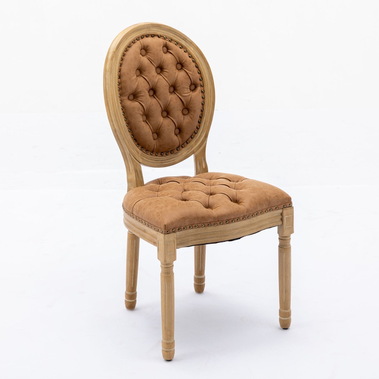 Silla de comedor de estilo francés con marco de madera maciza, pintura antigua, hebillas hechas a mano, cuero sintético de PU, ribete de tachuelas y patas de madera.