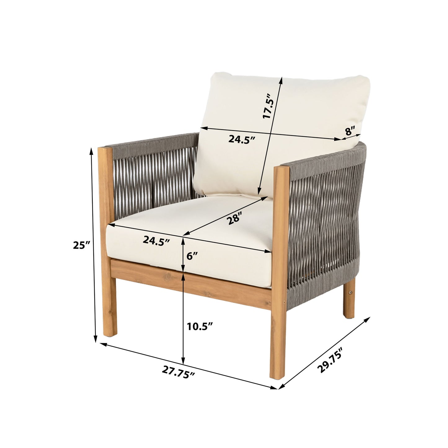 Patio Acacia Wood Club Chair, Woven Rope Outdoor Patio Arm Chair, Deep Seating For Porch - Teak / Beige