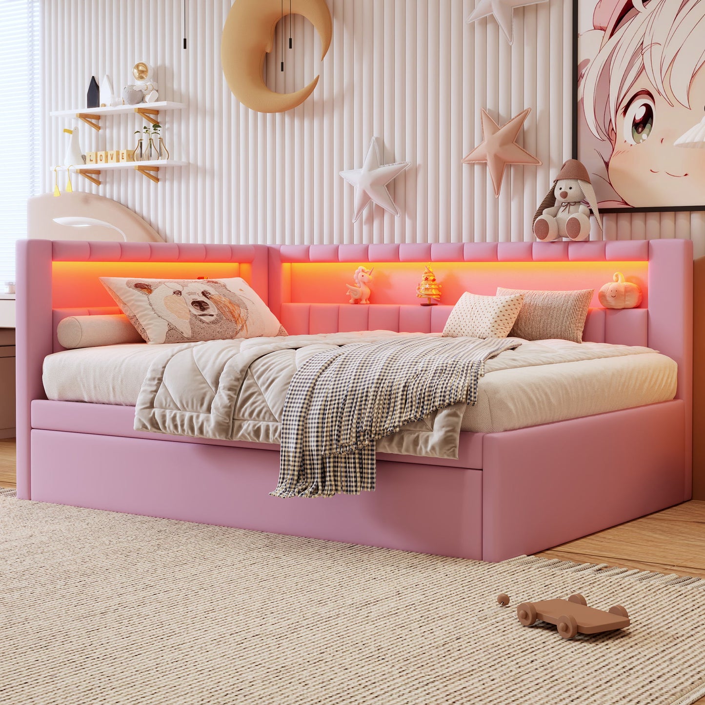 Upholstered Platform Bed With USB Ports And LED Belt