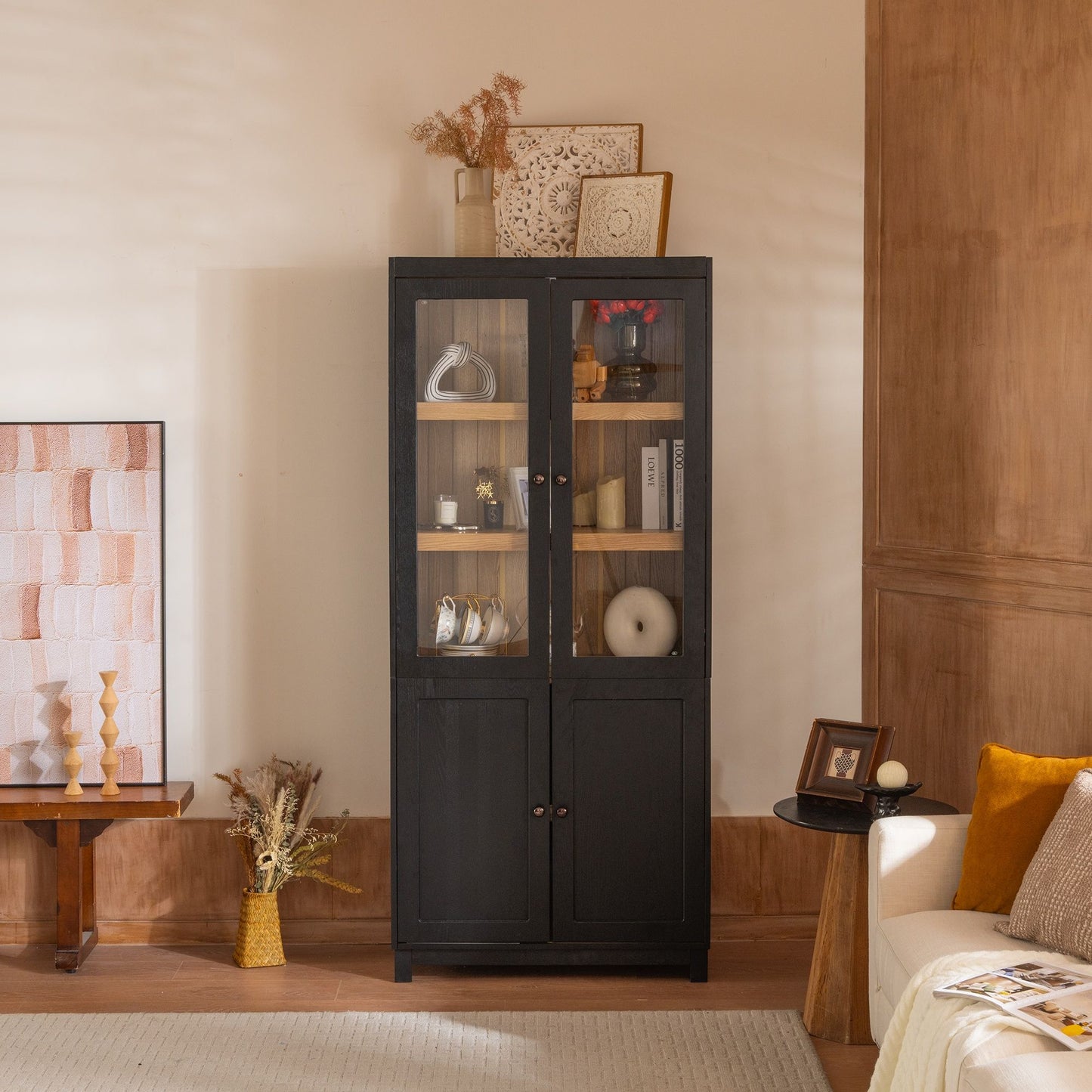 Mid Century Modern Style Tall Display Cabinet With Glass Doors For Collectibles - Black