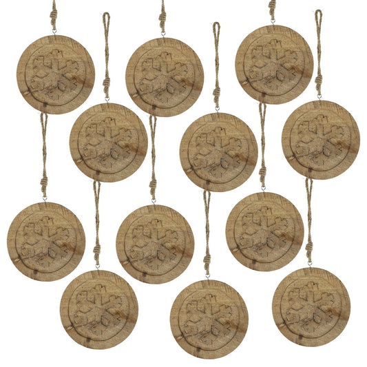 Círculos colgantes de madera con copos de nieve cortados, adornos decorativos para árbol de Navidad, ideales para fiestas (juego de 12) - Multicolor