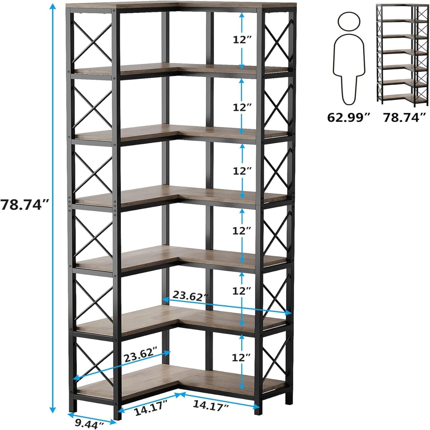 7 Tier Corner Bookshelf, Storage Unit For Living Room