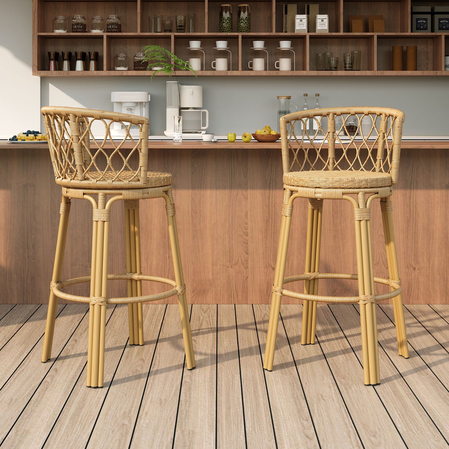 Bohemia - Outdoor Brown Wicker Bar Stool (Set of 2) With Metal Frame And Faux Rattan - Light Brown