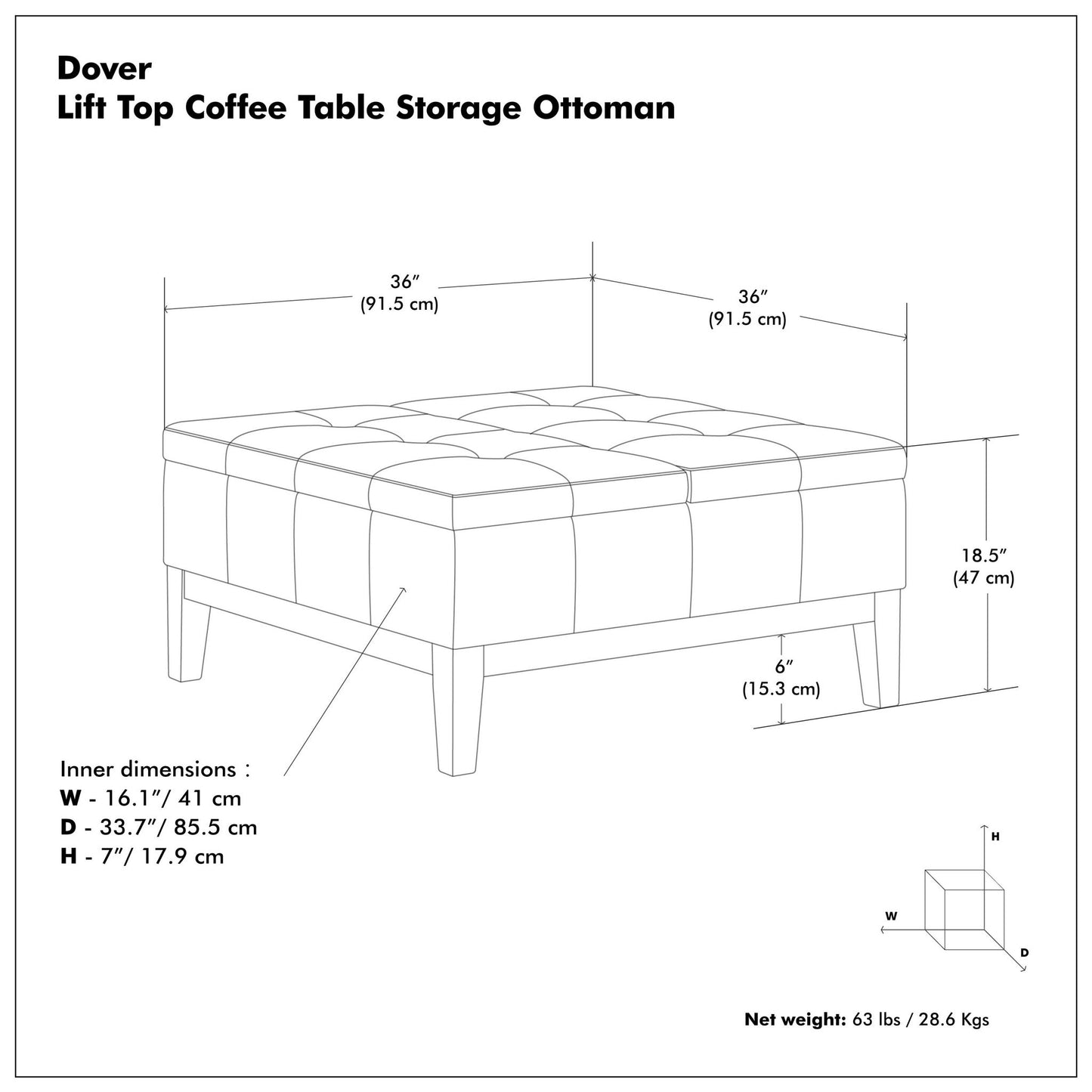Dover - Mesa de centro elevable multifuncional con almacenamiento y otomana