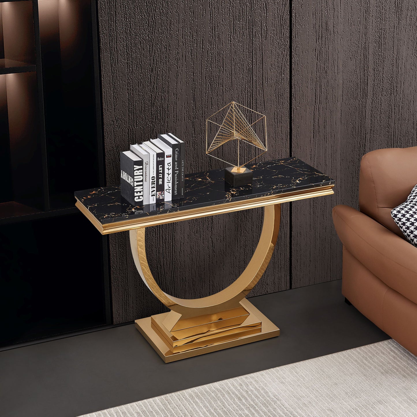 Modern Rectangular Marble Printing Console Table, U Shape Stainless Steel Base - Black