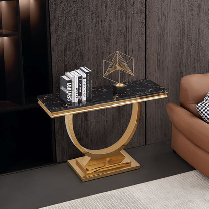 Modern Rectangular Marble Printing Console Table, U Shape Stainless Steel Base - Black