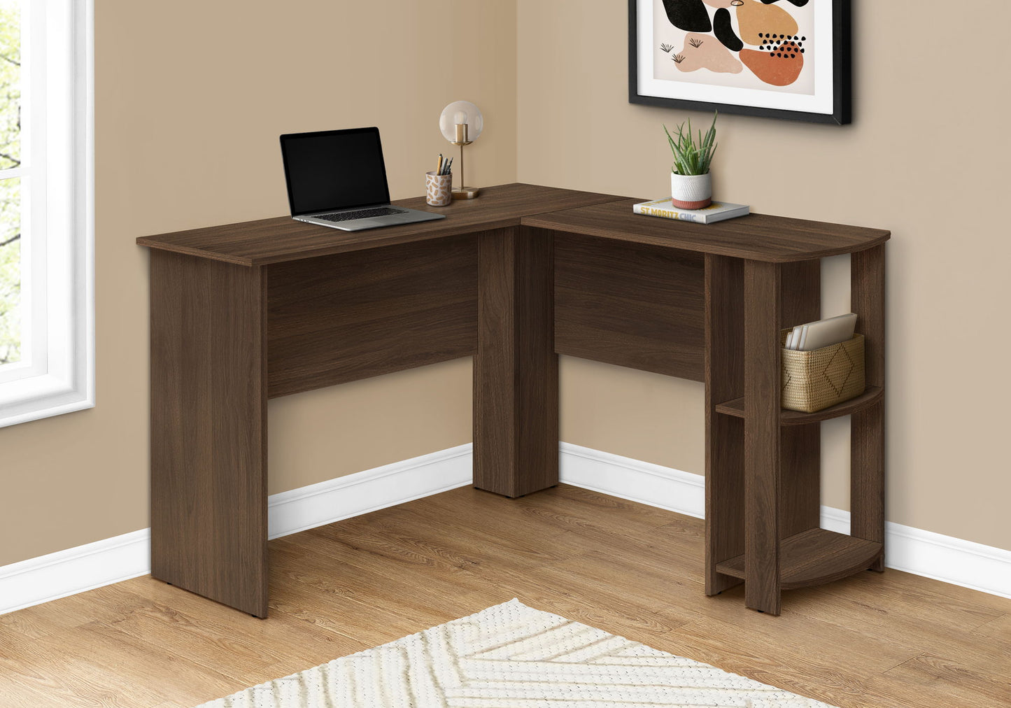 Escritorio para computadora, oficina en casa, esquinero, con estantes, en forma de L, para portátil, contemporáneo y moderno - Nogal